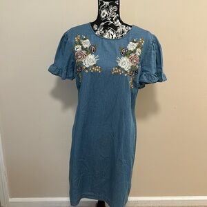 Emberly Ruffle sleeve floral embroidered denim shift dress